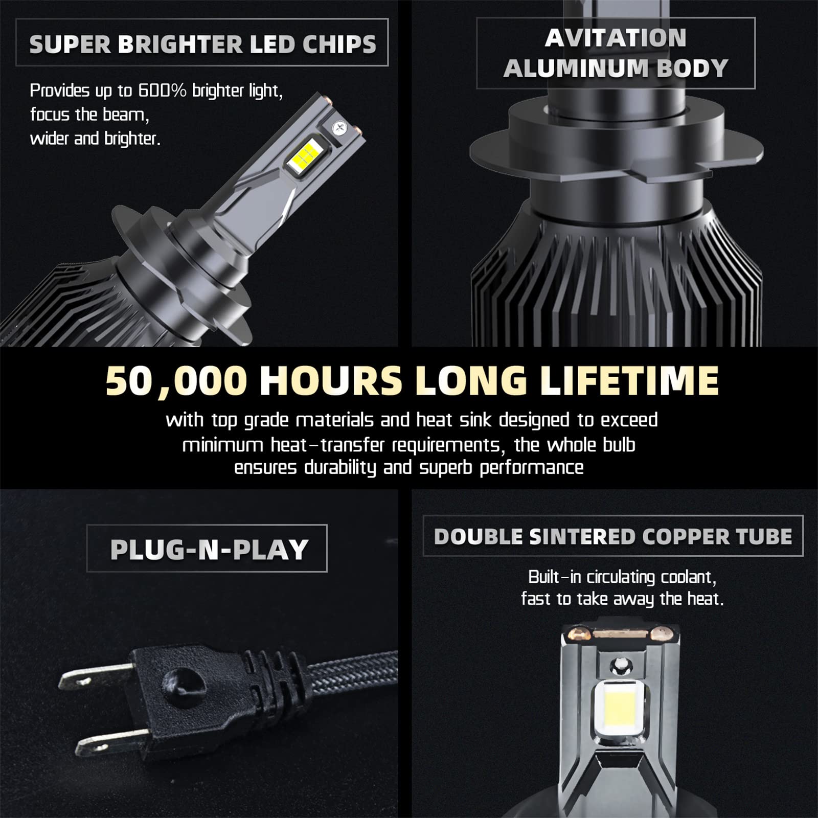 Bombillas LED Para Faros Delanteros, 200 W, 88000 Lúmenes, 6000 K, Blanco Frío, Kit De Conversión De Faros LED, Tubo De Cobre Doble, Haz Ajustable, Paquete De 2,H4