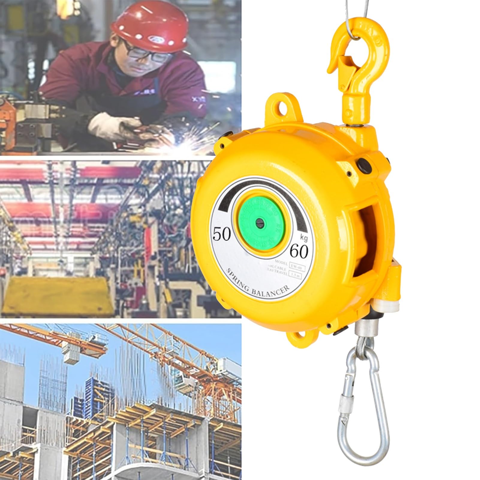 WEKONUMEX Retractable Spring Balancer, Spring Balancer Retractable Holder 1.5m 1-70kg Alloy Hook Aluminum Safety Assembly Line(50-60kg)