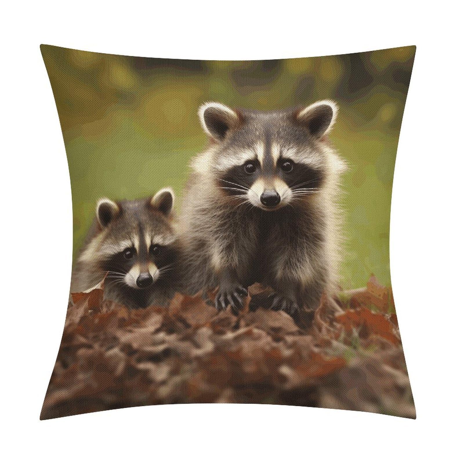 LZQPOEAS Raccoon Throw Pillow Covers, Waterproof Faux Linen Pillow Cases with Invisible Zipper, Decorative Square Cushion Covers for Sofa Couch Living Room Bedroom 18x18 Inch