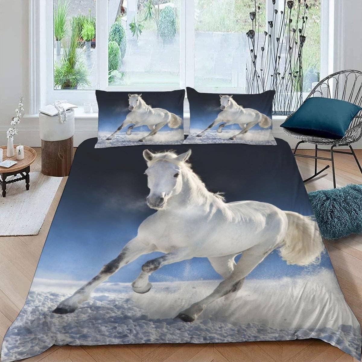 RFFLUX 3D Horse King size Bedding Sets 3 Pieces 220x230 Ultra Soft Microfiber Gallop Horse Duvet Cover with Zipper Closure Easy Care Quilt Cover with 2 Pillowcase for Adults Room Decor