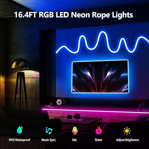 Miniatura 2 de Tira de luces RGB de neón de 16.4 pies, IP65, impermeable, cambio de color, tira de luces LED con sincronización de música, tira de luz LED para