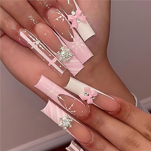 Christmas Press On Nails Medium Square Pink French Tip Fake