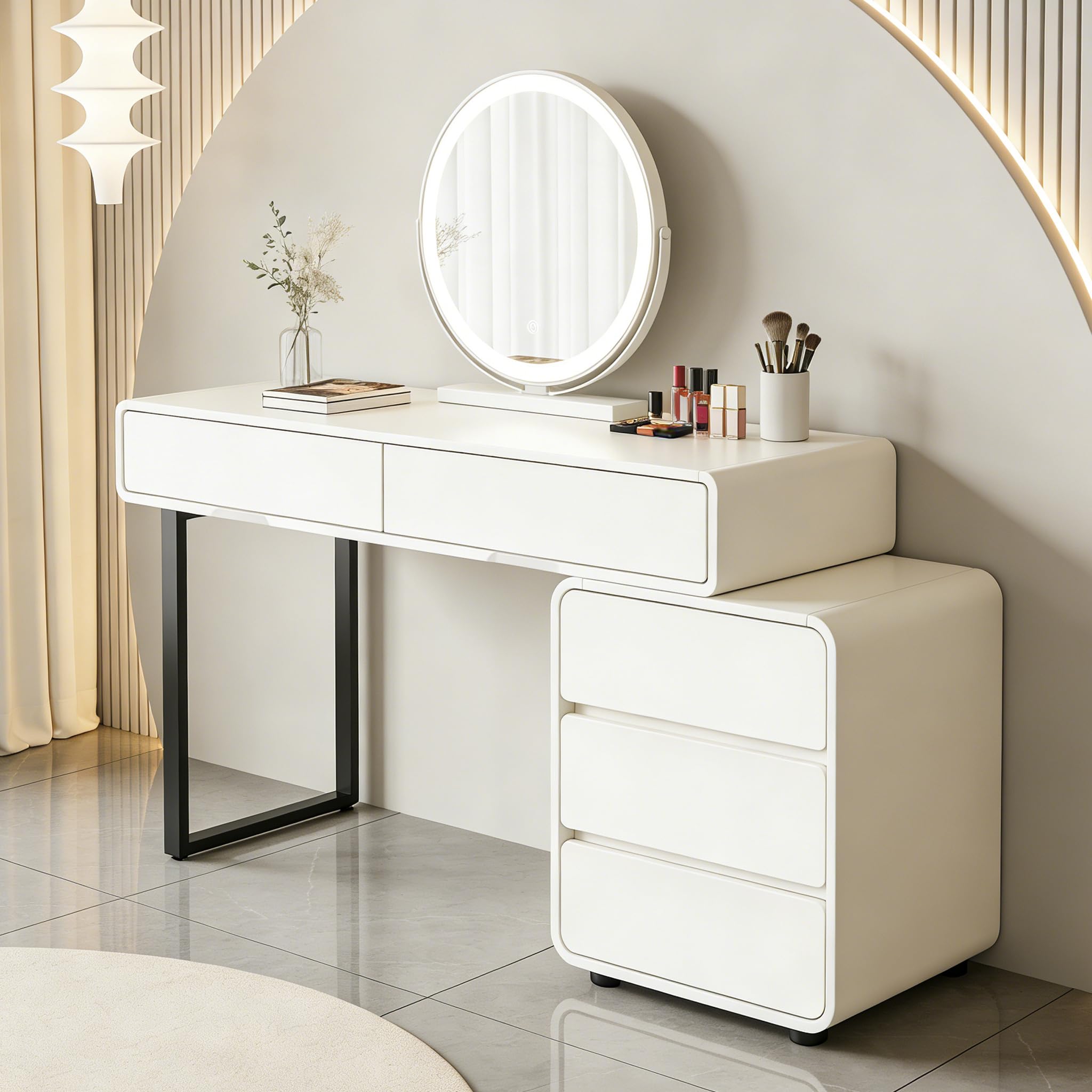 39.4 in Dressing Table with Movable 3-Colour LED Mirror, PU Leather Vanity Table with 5 Drawers, 2-in-1 Modern Make up Desk for Bedroom, Easy to Assemble,White