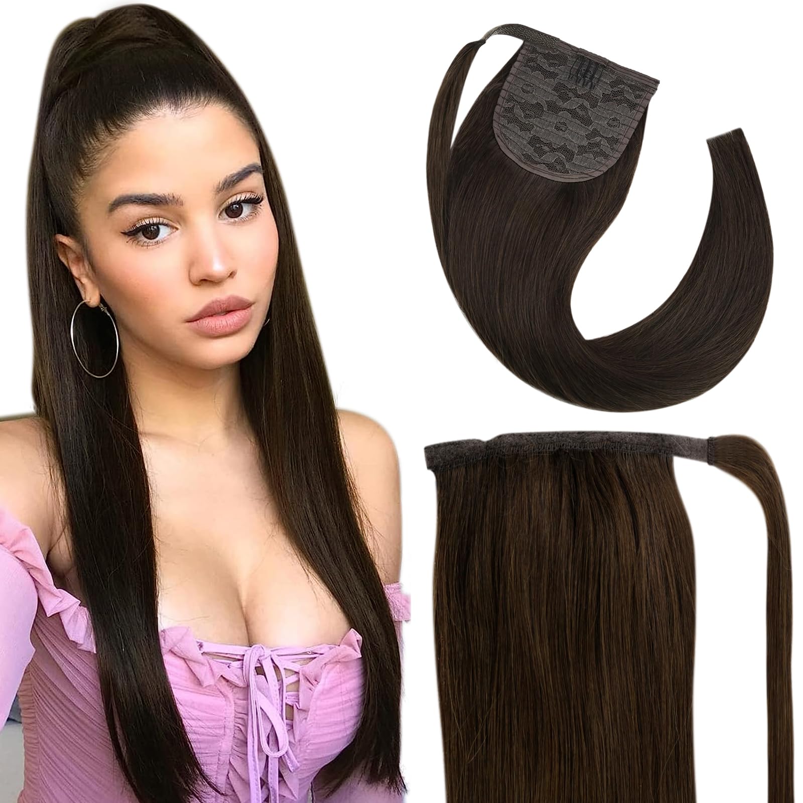 Fshine Coda di Cavallo Extension Marrone Scuro Extension Capelli Veri Coda 45CM 80g Extension Capelli Remy Coda Pony Capelli Veri Extension Capelli Umani Veri #2