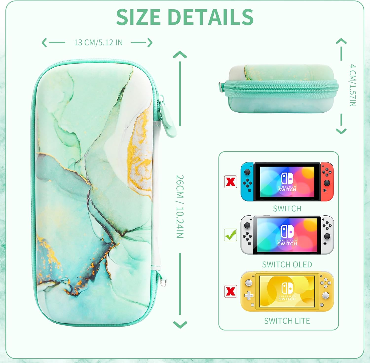 FUNDIARY Carrying Case for Nintendo Switch OLED, Shockproof Hard Shell Portable Travel Bag for Accessories Kit with PC Protective Cover, Screen Protector, Shoulder Strap & 2 Thumb Grips, Green Marble