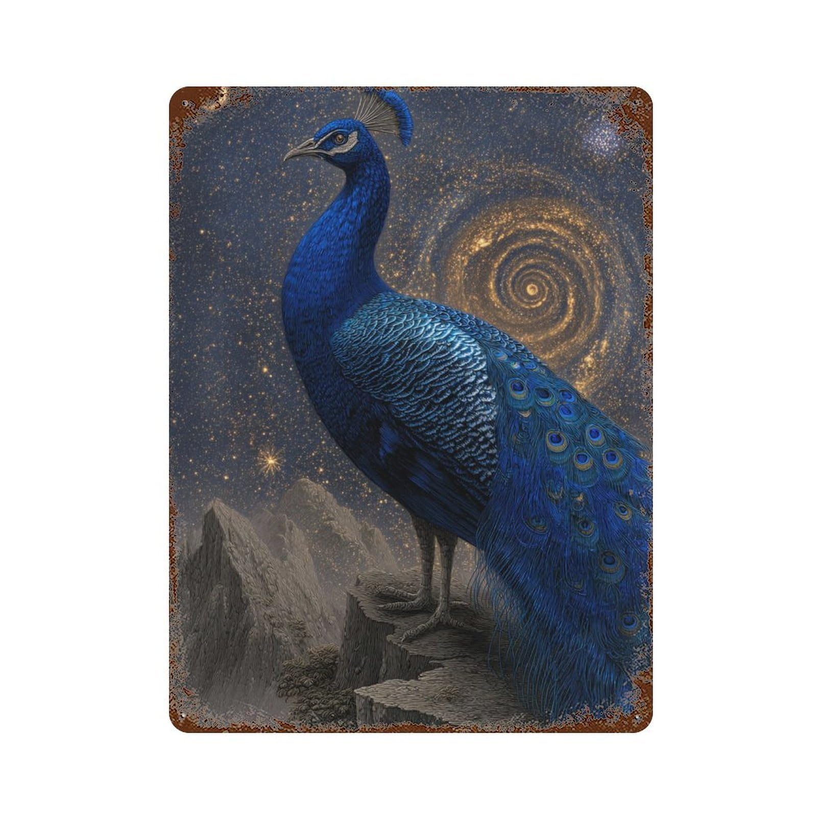 Galactic Peacock Majesty 15.7"x11.8" Vintage Rust Metal Sign, Novelty Wall Decor for Living Room, Hallway And Home Decor
