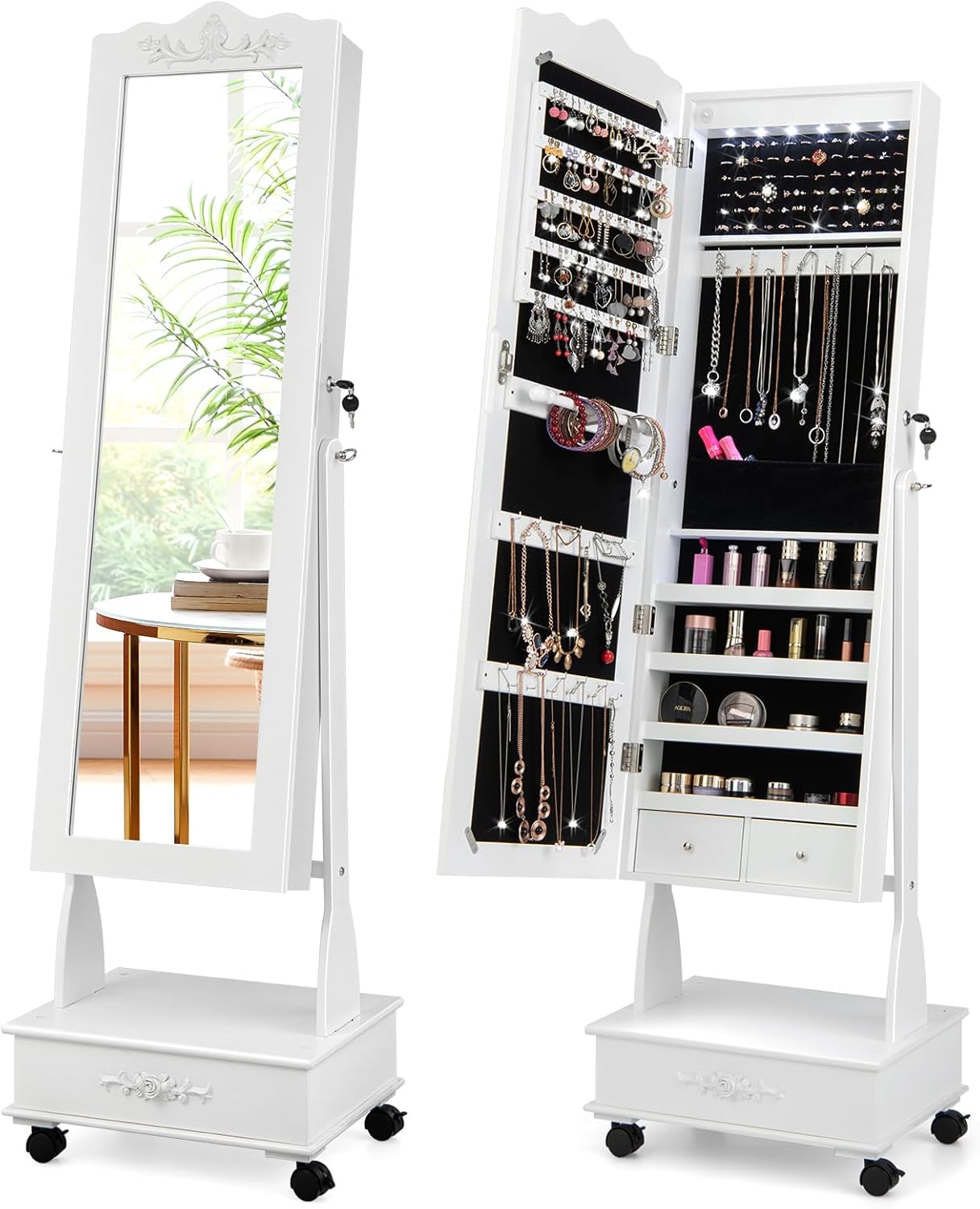 HAPPYGRILL Full Length Jewelry Armoire, Lockable Jewelry Organizer with Wheels, 3-Position Adjustable Angle, 6 LEDs & Bottom Drawers, Standing Jewelry Cabinet for Girls Women (White)