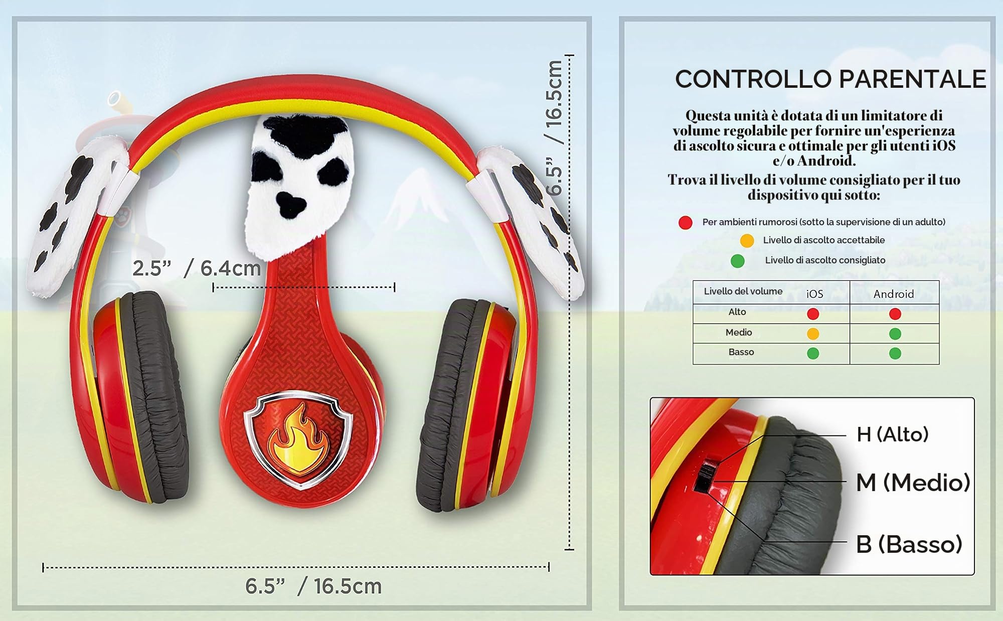 EKids Paw Patrol Marshall - Cuffie per bambini, con funzione di limitazione del volume integrata, per ascolto sicuro e adatto ai bambini, colore: rosso