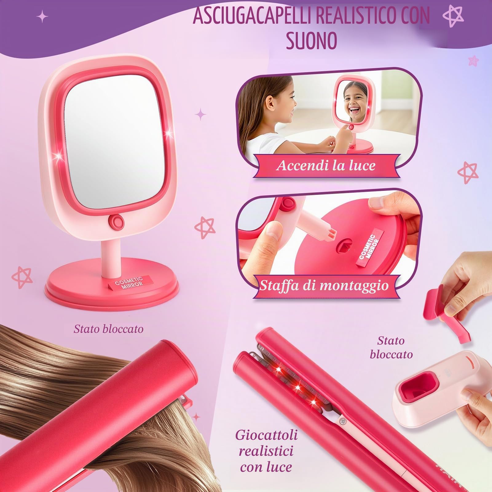Toylink Set Parrucchiera e Trucco per Bambina con Asciugacapelli, Piastra, Specchio, Pettini, Forbici, Valigetta Bellezza, Valigetta Bellezza Giocattoli Finti Regalo Bambina 3 4 5 6 7 8 Anni