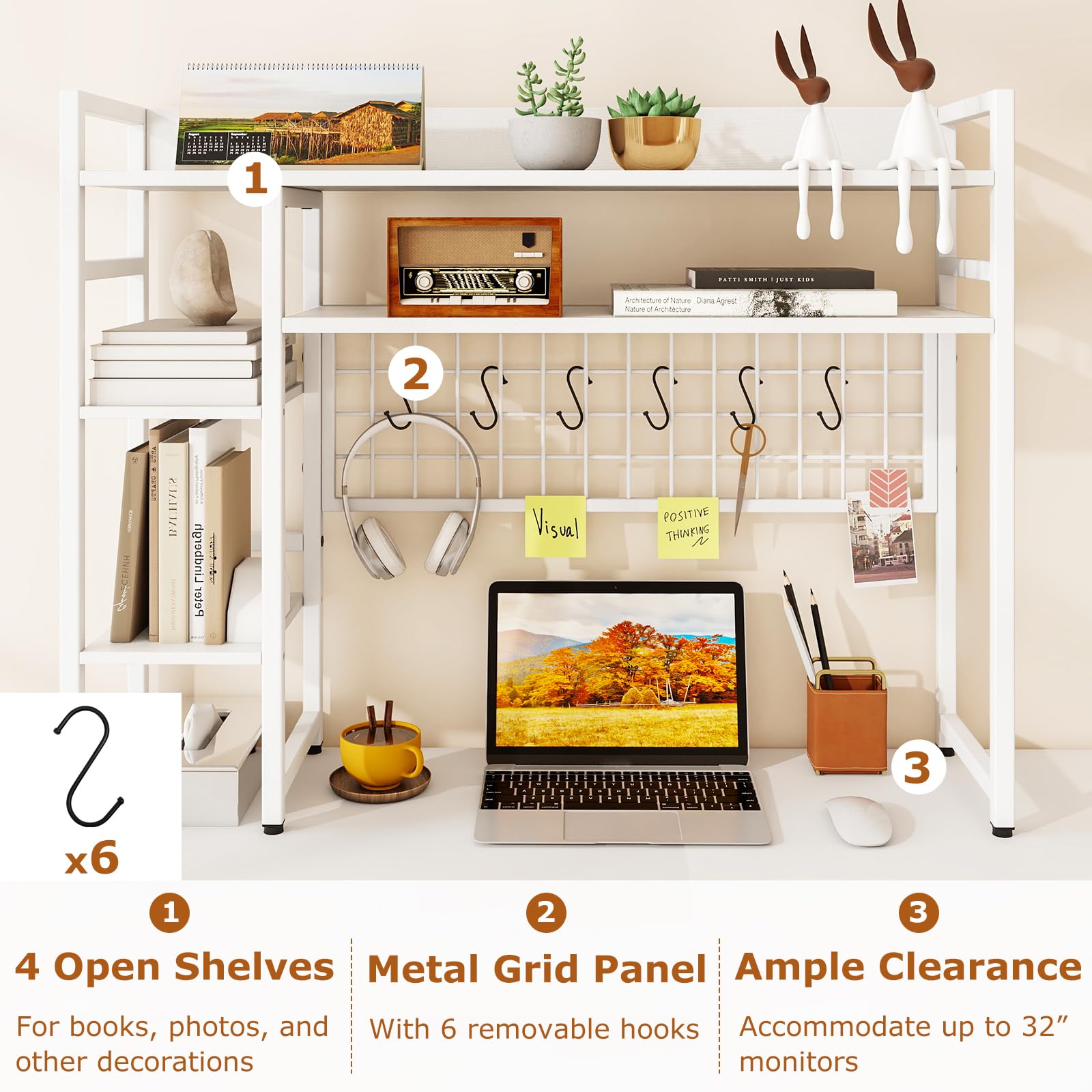 GIANTEX Estantería de Escritorio con 4 Estantes Abiertos, Organizador Sobremesa con Rejilla de Metal y 6 Ganchos Extraíbles, 94x25x73,5cm, Almacenamiento para Libros, Plantas, Comésticos (Blanco)