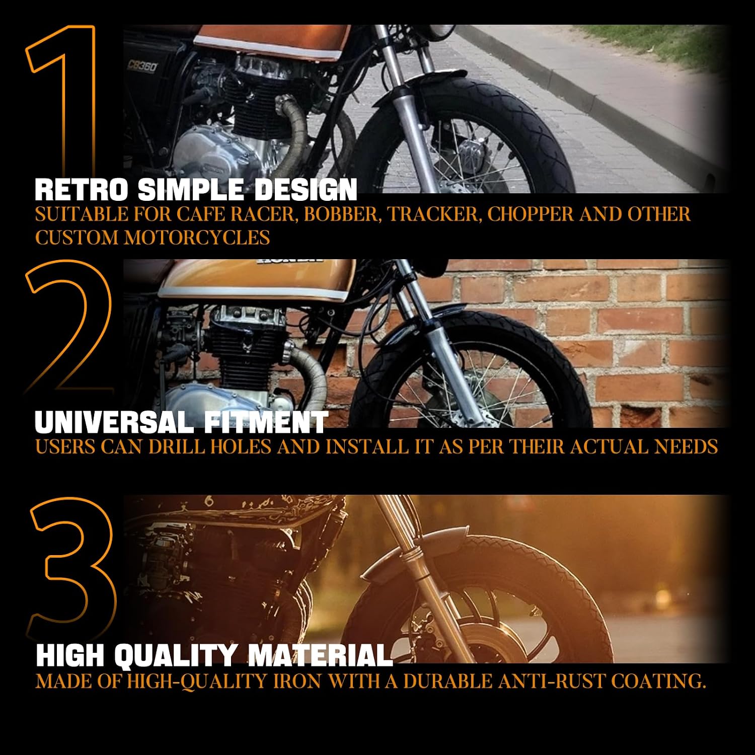 Universal Motorcycle Front Wheel Mud Guard Fender, Fit for Cruiser Chopper Bobber Tires Less Than 3.7" Width and 22.7" Diameter （Black）
