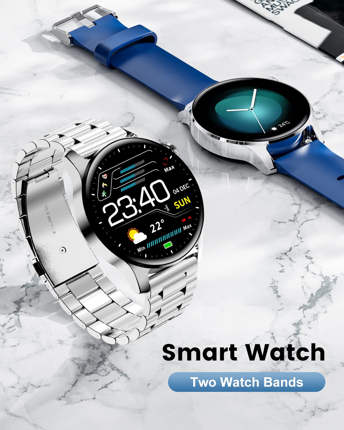 Smart Watch dla mężczyzn, 1,32", połączenia Bluetooth, monitor aktywności z monitorem tętna, funkcją sterowania muzyką, wodoszczelność IP67, krokomierz, stal nierdzewna, smartwatch do systemu Android i iOS, srebrny