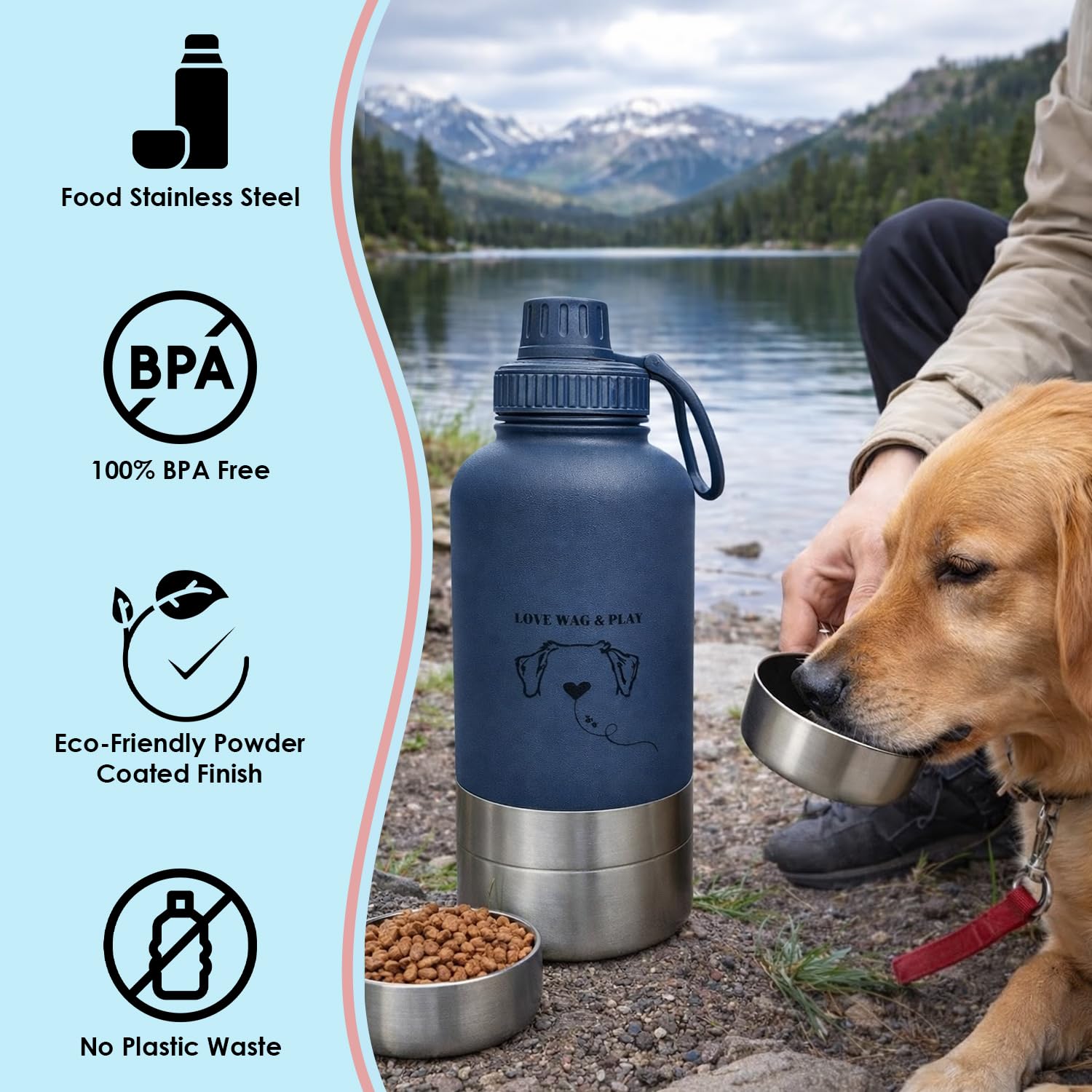 LOVE WAG & PLAY Borraccia per cani da 32 once – Borraccia portatile 2 in 1 per animali domestici, con ciotole integrate, a prova di perdite, senza BPA, per escursioni, passeggiate, uso esterno (blu