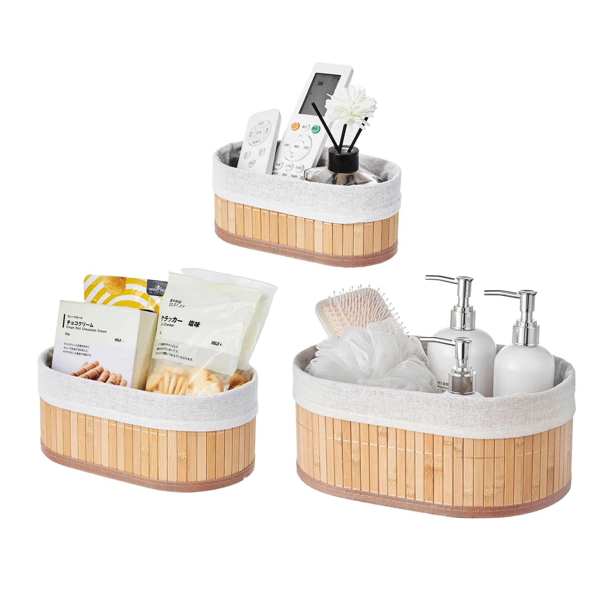 Eden & Willow Brown Set Of 3 Storage Shelf Baskets With Lining, Stackable Bamboo Storage Divider Boxes For Closet Drawer & Cupboards | Organiser Bins For Cupboards (Set Of 3 - Oval)