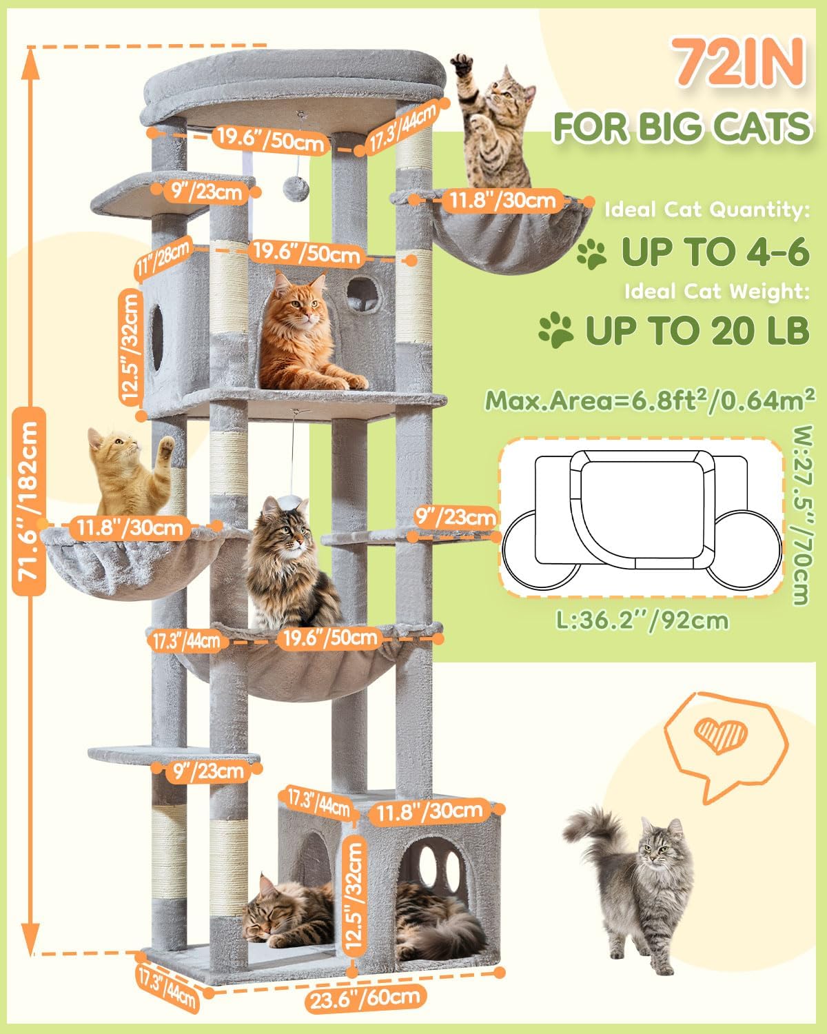 Taoqimiao 72 Inch Cat Tree, XXL Cat Tower for Indoor Cats Large Adult 25Lbs+, Extra-Large Platform, 2 Cat Houses, 7 Scratching Post, Extra-Sized Durable Hammock, Cozy Basket, Light Gray, F20W