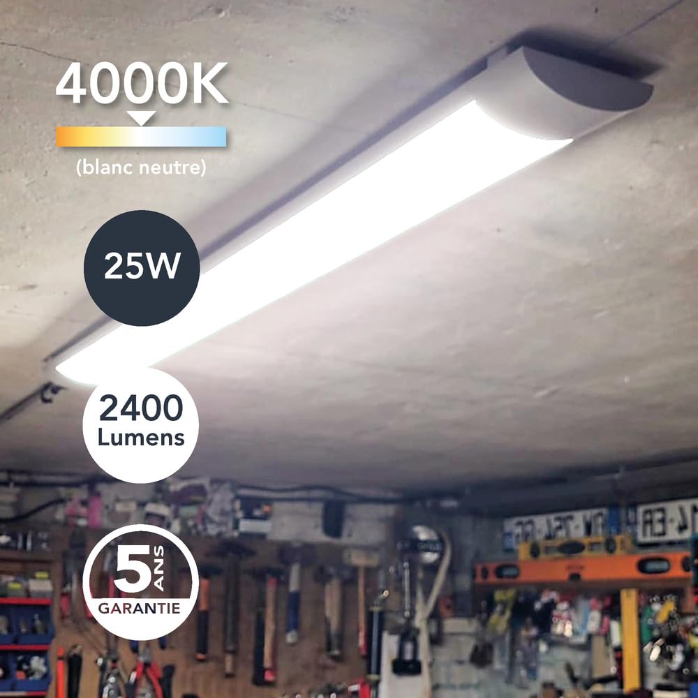 Réglette LED blanche, 25W, 2400 lumens, 4000K blanc-neutre, bornier de connexion intégré, garantie 5 ans - Tibelec