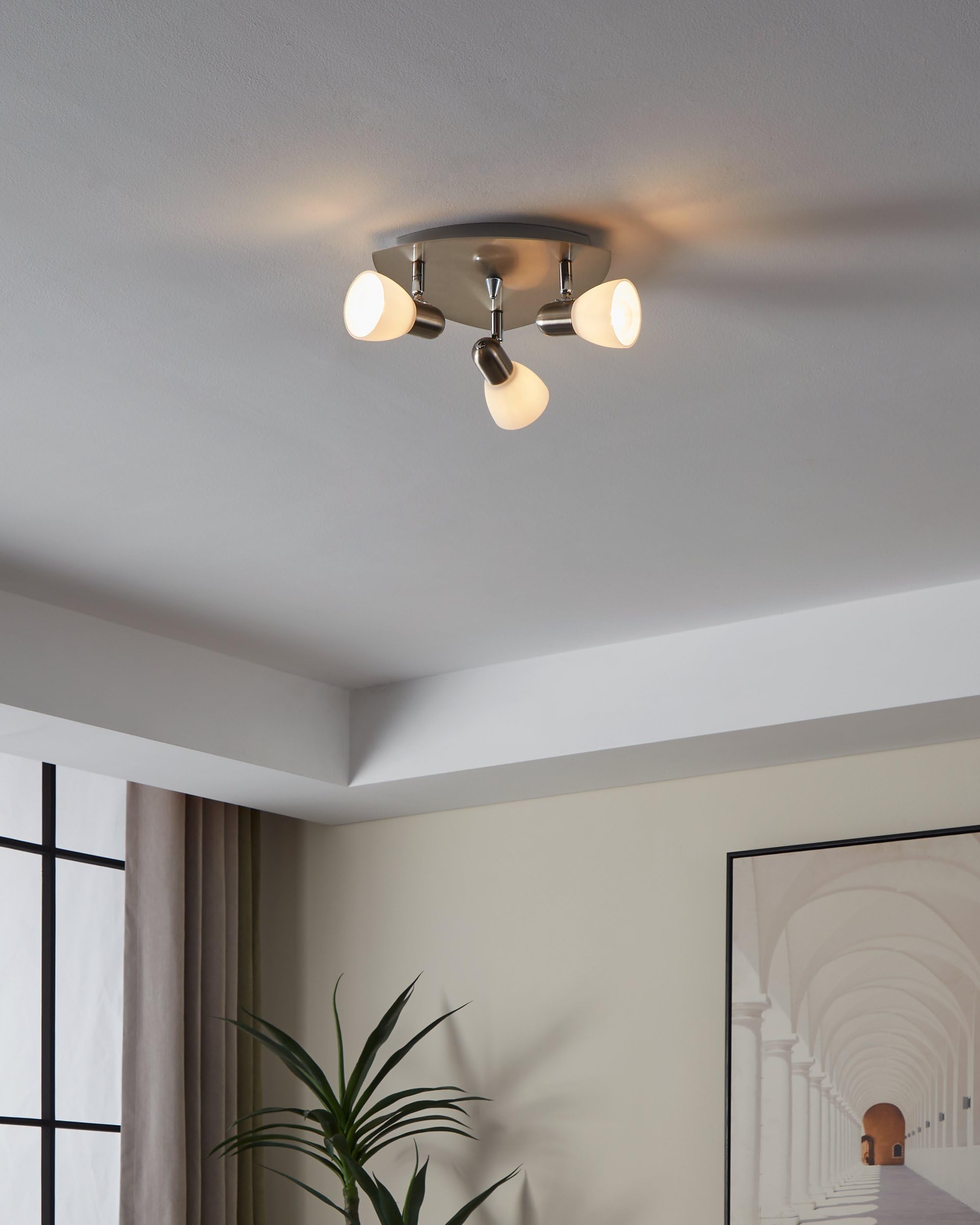 EGLO Deckenlampe Enea, 3 flammige Deckenleuchte | Deckenstrahler aus Metall in Nickel-Matt, satiniertes Glas in Weiß, Wohnzimmerlampe, Spots mit E14 Fassung