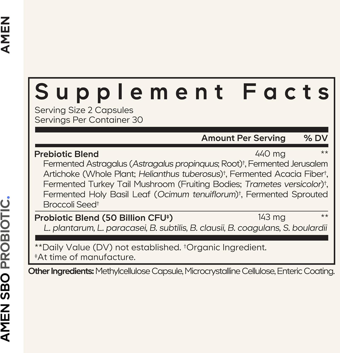Amen Probiotics Supplement, SBO Probiotic and Organic Prebiotics, 50 Billion CFUs, Shelf Stable, No Refrigeration Required, Flora Daily Probiotic Formula for Women & Men, Vegan & Non-GMO, 60 Capsules - Image 2