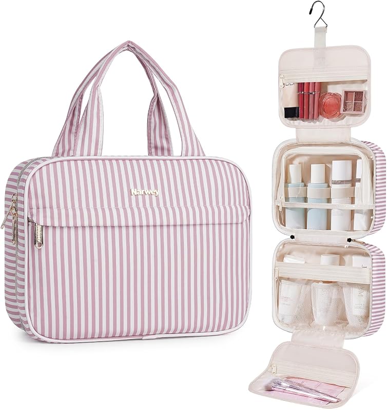 Necessaire de viagem suspensa Narwey B-Dusty Pink Stripe com vários compartimentos e gancho