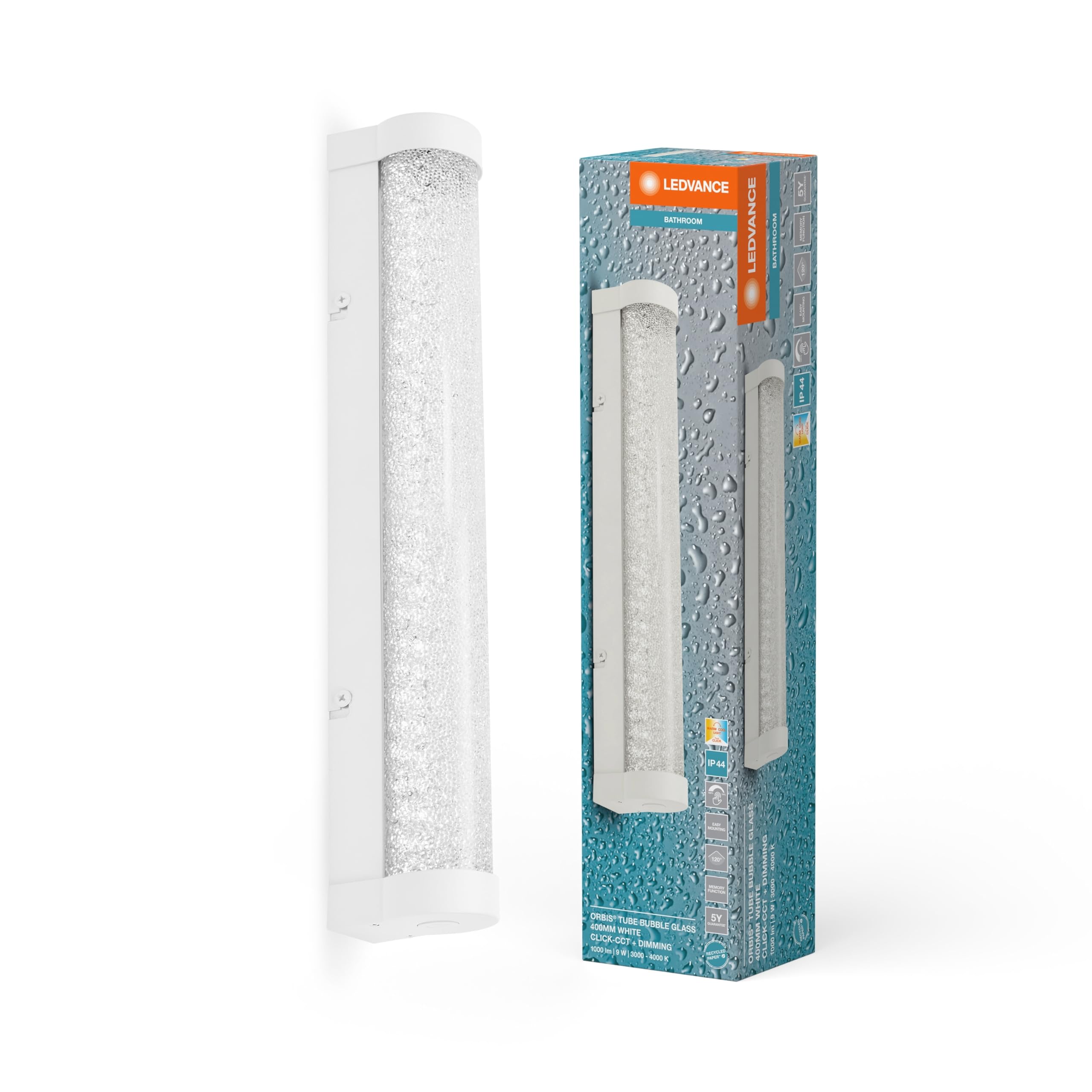 LEDVANCE ORBIS Spiegel Tube with LED, White, Glas mit Blaseneffekt, 9W, 900lm, dimmbar, 3000/4000K über Wandschalter einstellbar, 40 cm Durchmesser, IP44 Schutz VOR Fremdkörpern/Spritzwasser