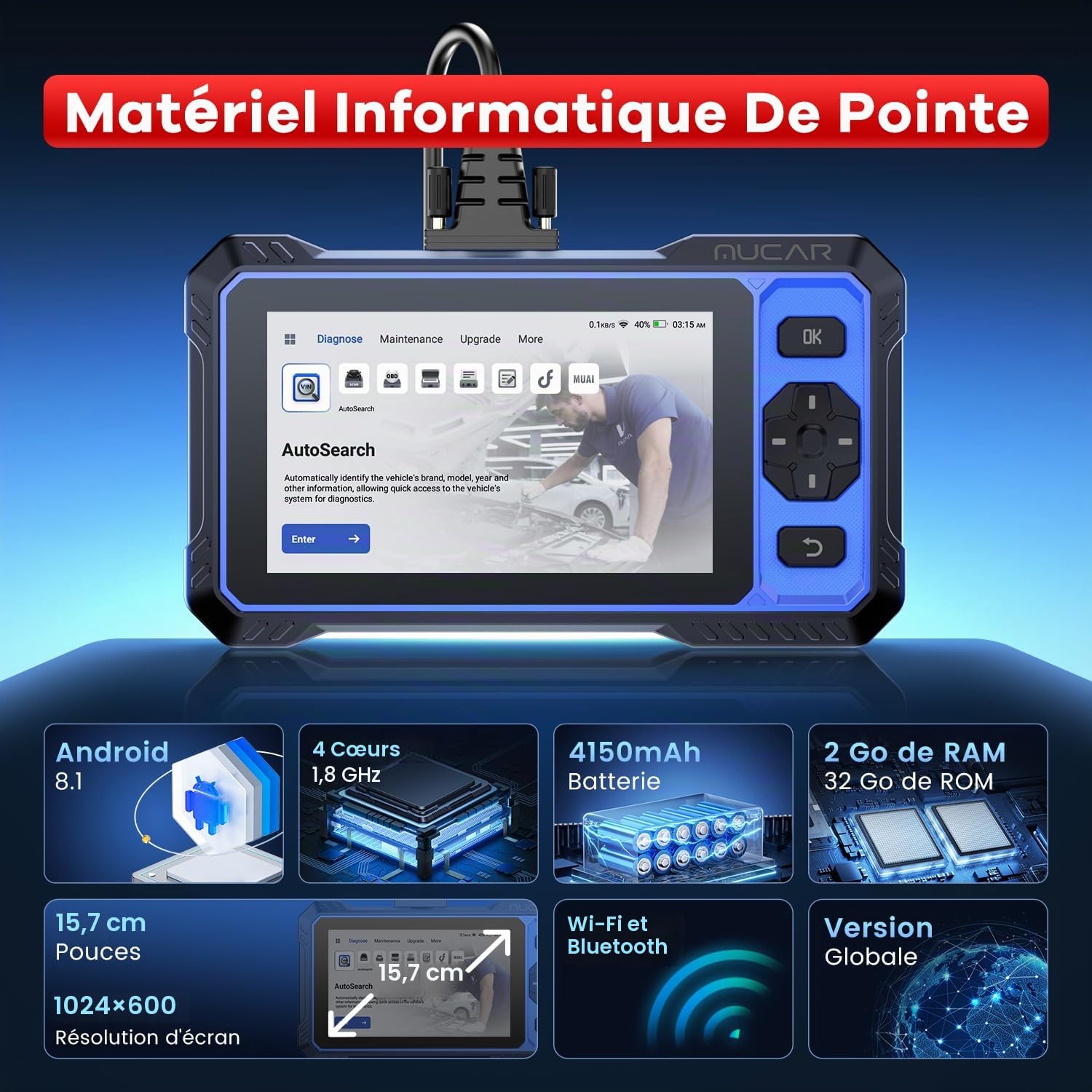 mucar 632 AI Valise Diagnostic Auto,Bidirectionnel OBDII Diagnostic Français, 15 Réinitialisations,Diagnostic de 4 Les systèmes, FCA AutoAuth, CANFD&DOIP, Gratuit à Vie