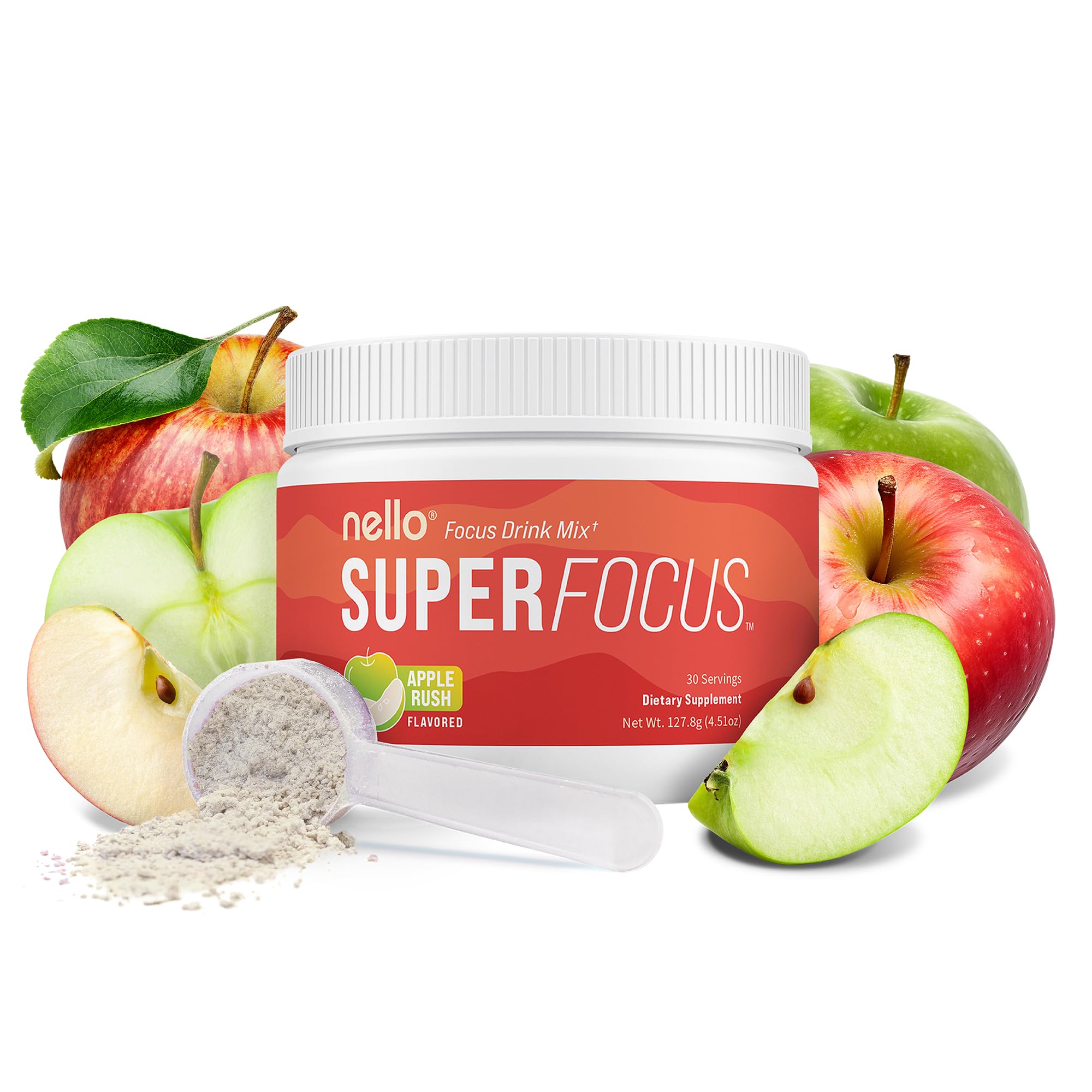 Nello Superfocus – Nootropic Focus Drink Mix for Productivity, L-Theanine, Rhodiola Rosea, Alpha-GPC, Lion’s Mane, Tyrosine, Sugar-Free Packets (Pack of 20) (30 Servings (No Caffeine), Apple Rush) Apple Rush (No Caffeine) 30 Servings