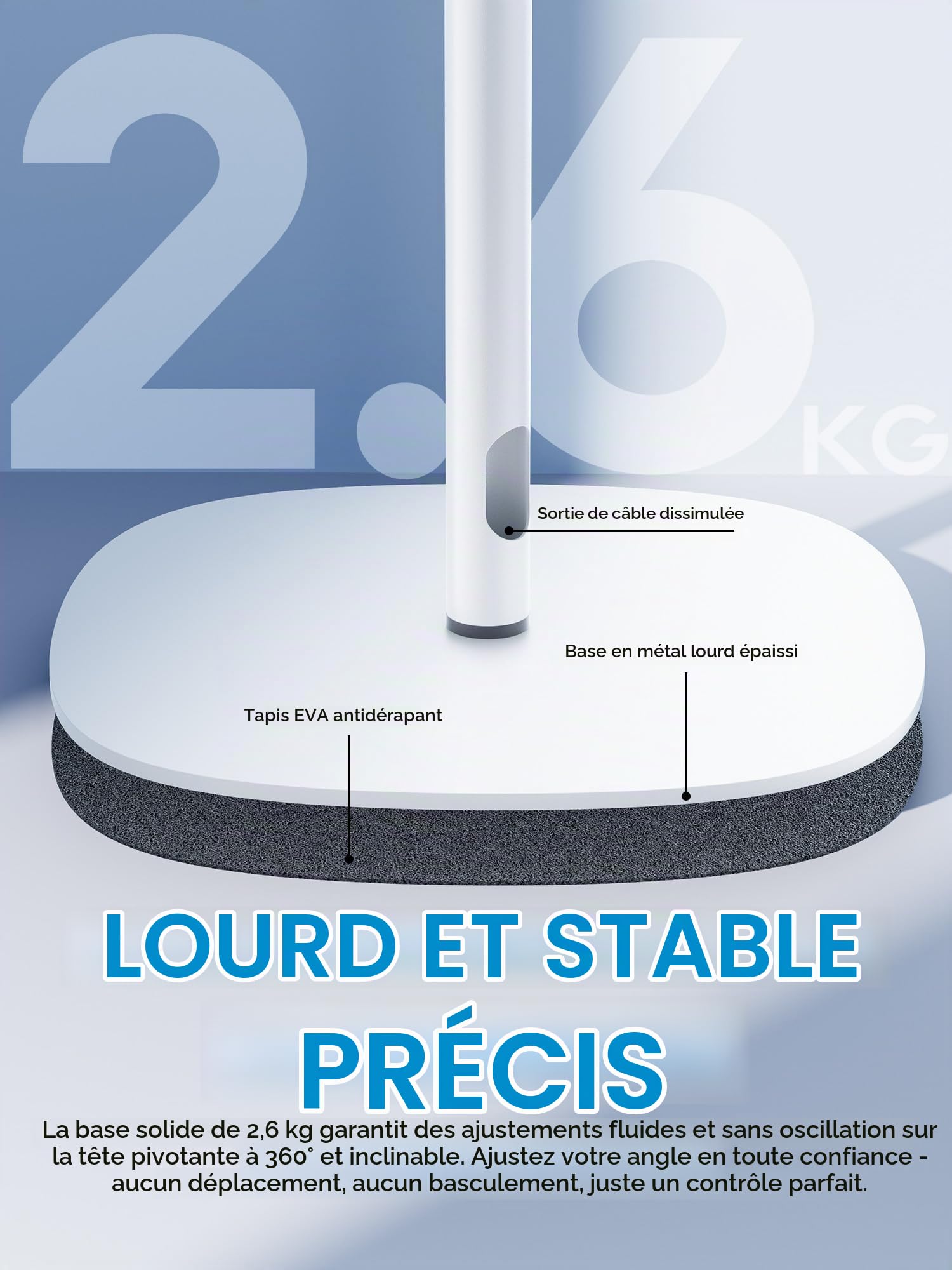 Support de projecteur au sol, hauteur réglable de 40 à 120 cm, tête pivotante à 360°, support métallique avec vis 1/4", compatible avec projecteurs, appareils photo (Blanc)