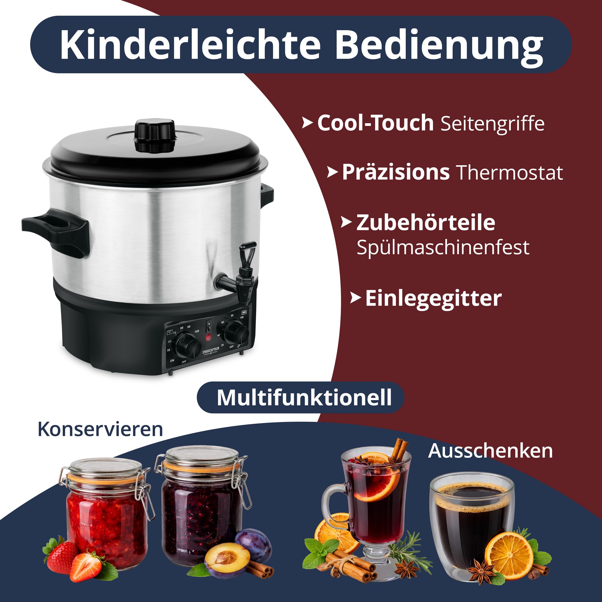 Stagecaptain GWK-16A Glühweinkocher - Einkochautomat mit 16 Liter - 2000 Watt - Gebürsteter Edelstahl - Einfache Bedienung (Temperatur und Zeitschaltuhr) - Abschaltautomatik - Silber