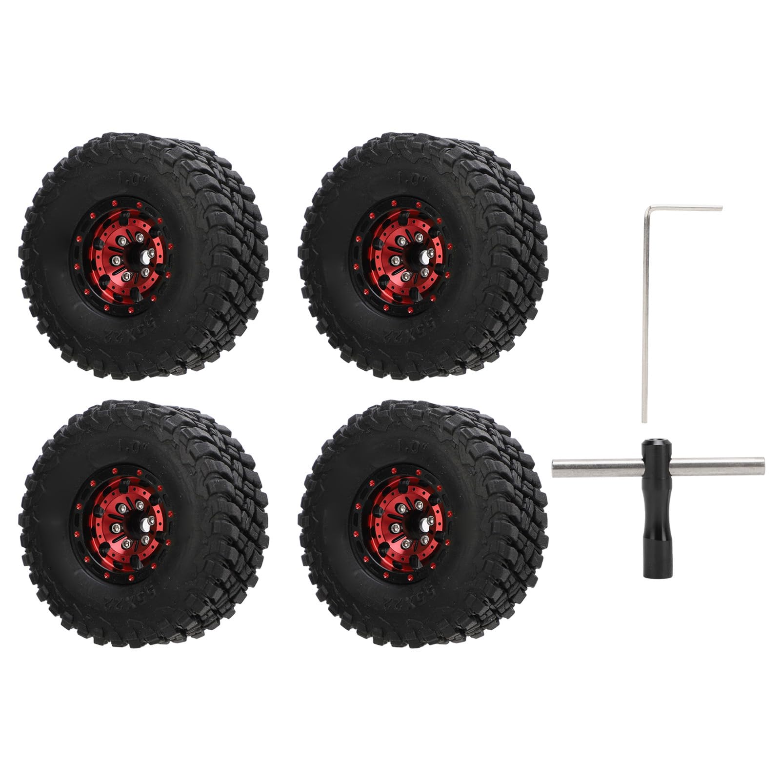 POENVFPO Pneumatici RC, Cerchi in Lega di Alluminio con Battistrada in Gomma Ad Alta Aderenza, Offset Negativo, per Modellini Crawler in Scala 1/18 e 1/24. (rosso)