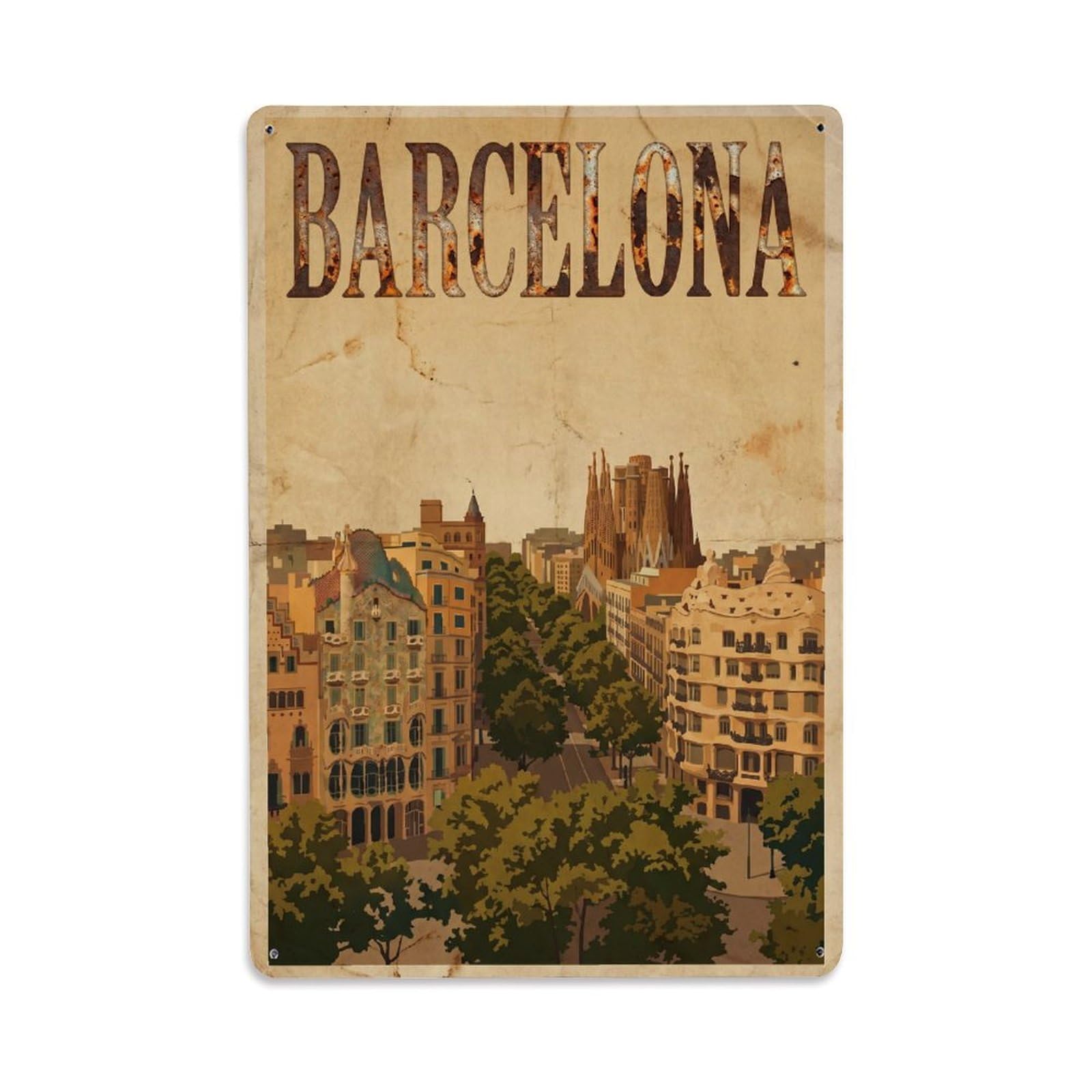 Este 8X12inch Style Vintage Travel Barcelona Spain Stately Metal Tin Sign