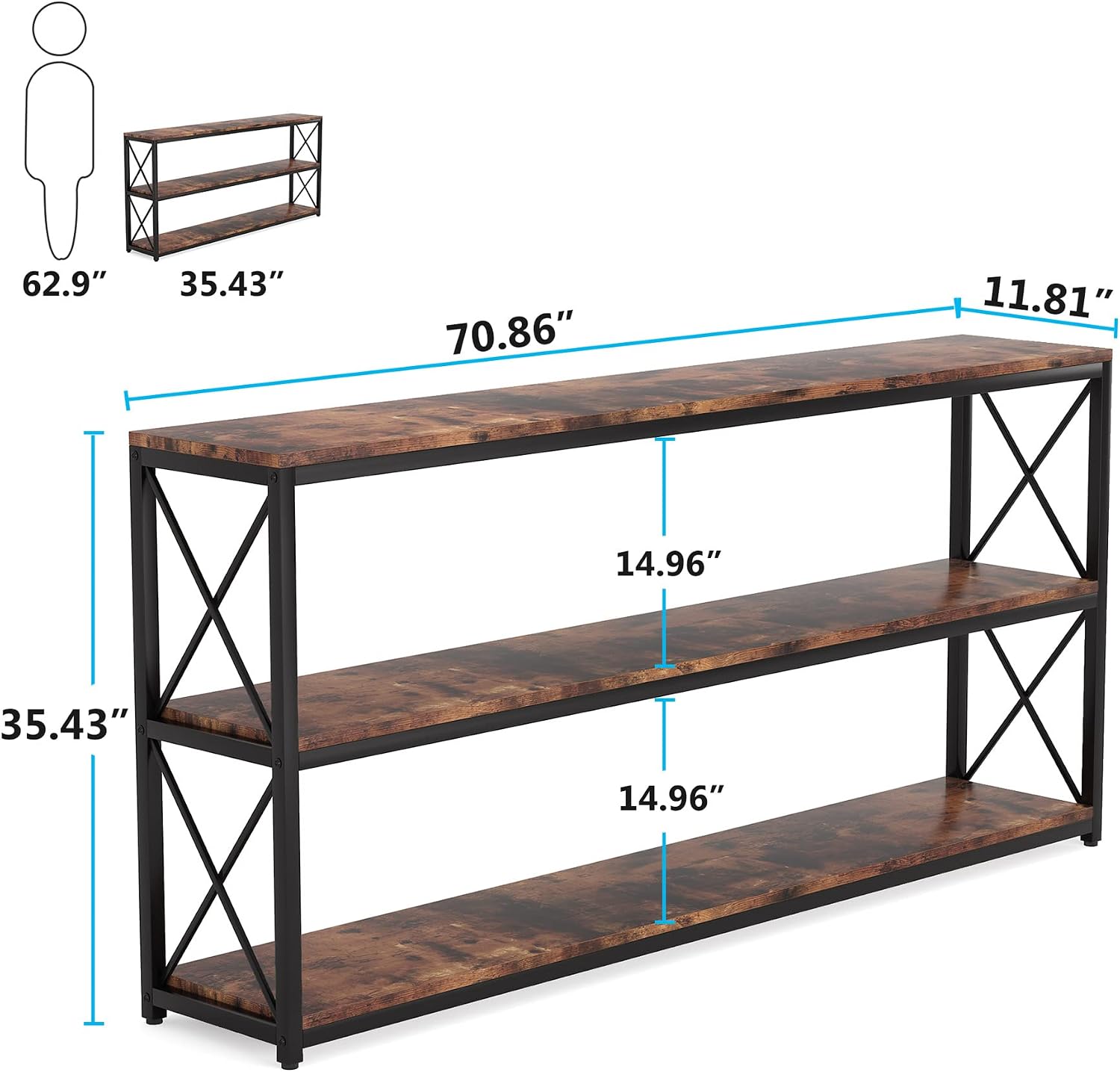 Tribesigns 70.86 Inch Rustic Console Sofa Table with Open Shelf, Industrial TV Stand 3 Shelf Horizontal Hallway Entryway Table with Storage for Living Room (70.86, Brown)