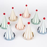 Meri Meri Cone Party Hats - Pack of 8 Colorful Striped Birthday Hats with Red Pompoms for Kids & Adults