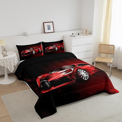 Miniatura 2 de Feelyou Juego de edredón de coche deportivo, juego de edredón rojo de carreras para niños y niñas, juego de ropa de cama con temática de deportes