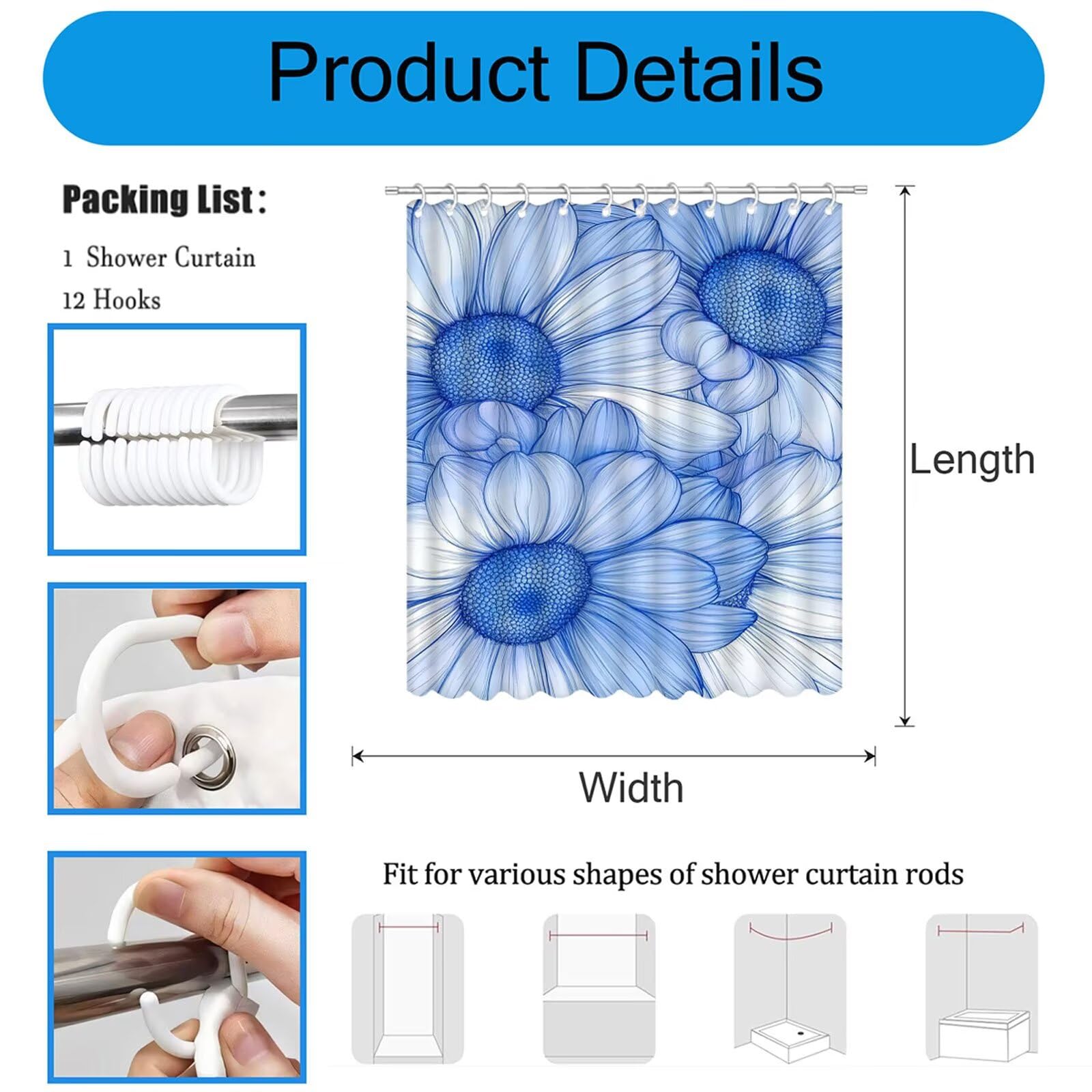 Cortina de Ducha Azul claro Cortina Ducha, Antimoho, Tela Impermeable Poliéster, Shower Curtain 200x220 cm con 12 Ganchos y Dobladillo Ponderado, Shower Curtain Lavable para Baño o Bañera, Flor 3Y#600