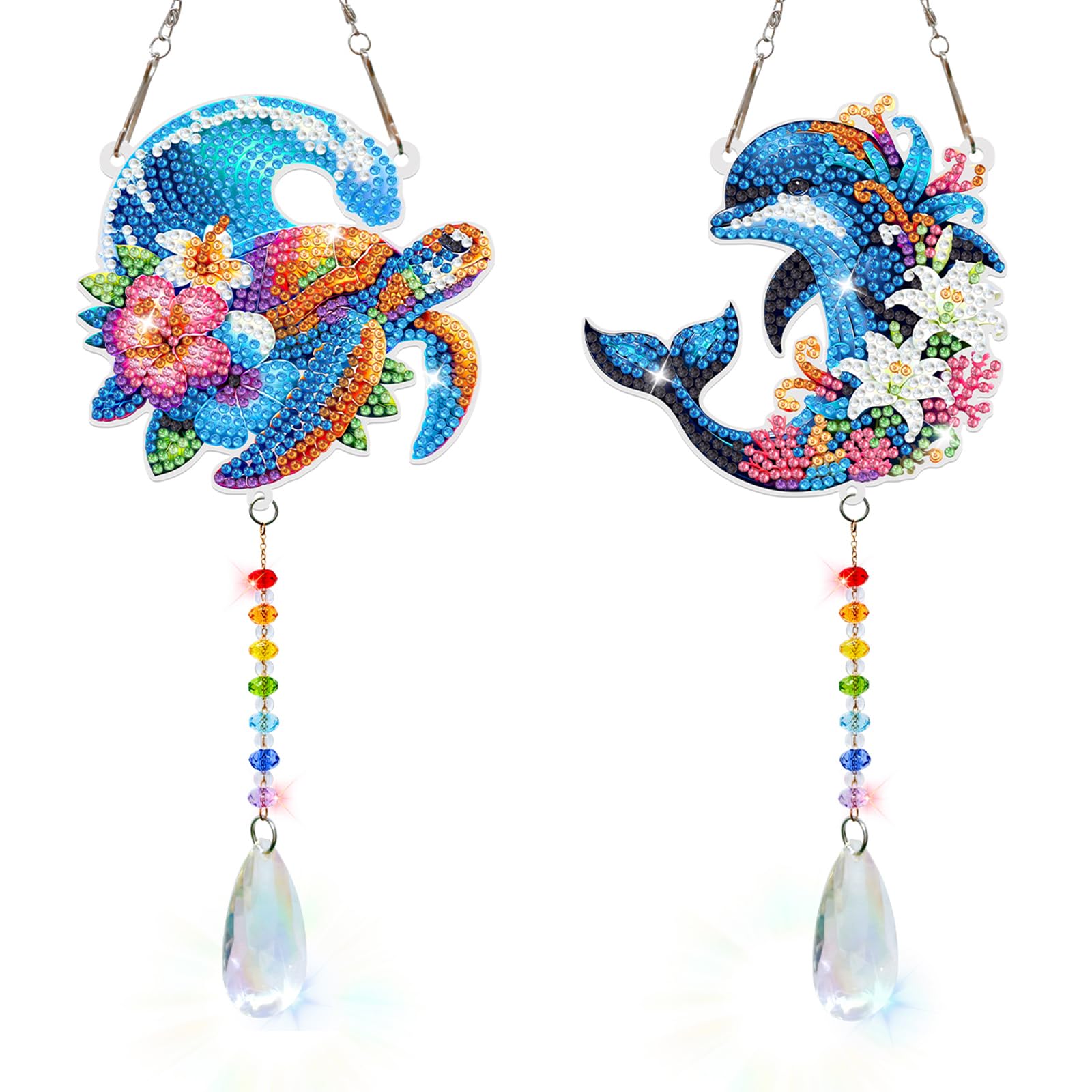 2PCS Diamond Art Wind Chime Suncatcher Kit for Adults – DIY Double-Sided Rhinestone Hanging Craft, Gem Art Garden Window Home Decor Gift 4.4x4 Inch(Sea Turtles and Dolphins)