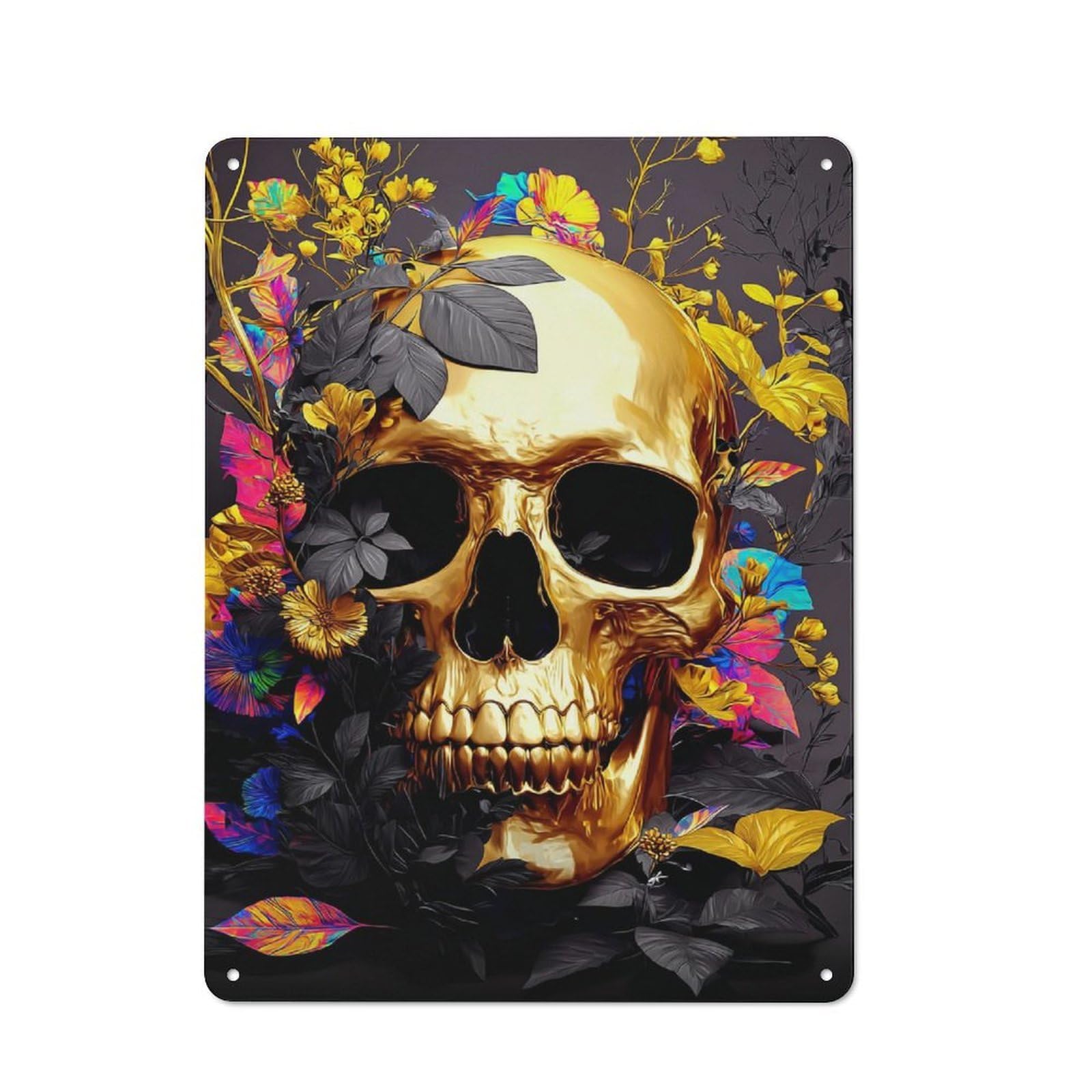 Junmoney Golden Skull With Flowers Vintage Bistro Metal Sign 40X30cm, Bistro Wall Plaque For Takeaway, Bar, Kitchen Or Counter Area