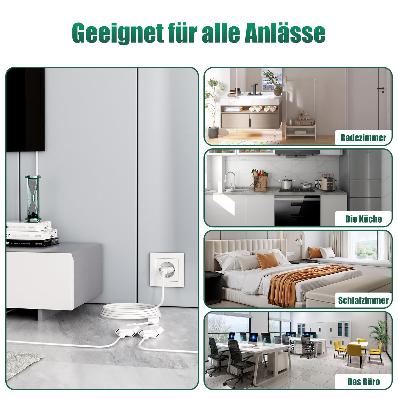 Stromkabel Verlängerung mit Flachstecker, 10M Stromkabel Verlängerung Netzkabel,2 in 1 Typ-C Eurostecker auf Eurobuchse, 0.75mm²Max. 2,5A/250V für Zuhause, TV, Weiß