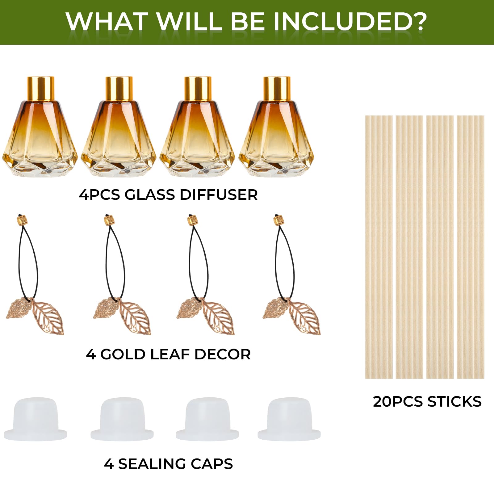 4 Leere Schilfrohr-Diffusorflaschen mit 20 Stäbchen, zartes Blattgold, Glas-Duft-Set mit Deckel für Zuhause, Badezimmer, nachfüllbar, Diamant-Stil, Gold