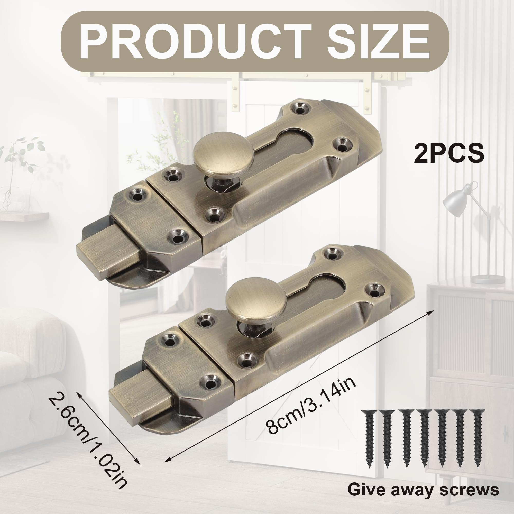 Barrel Slide Door Bolts 3 Inch, 2Pcs Brass Door Bolt, Heavy Duty Zinc Alloy Door Locks with Screws - Image 2