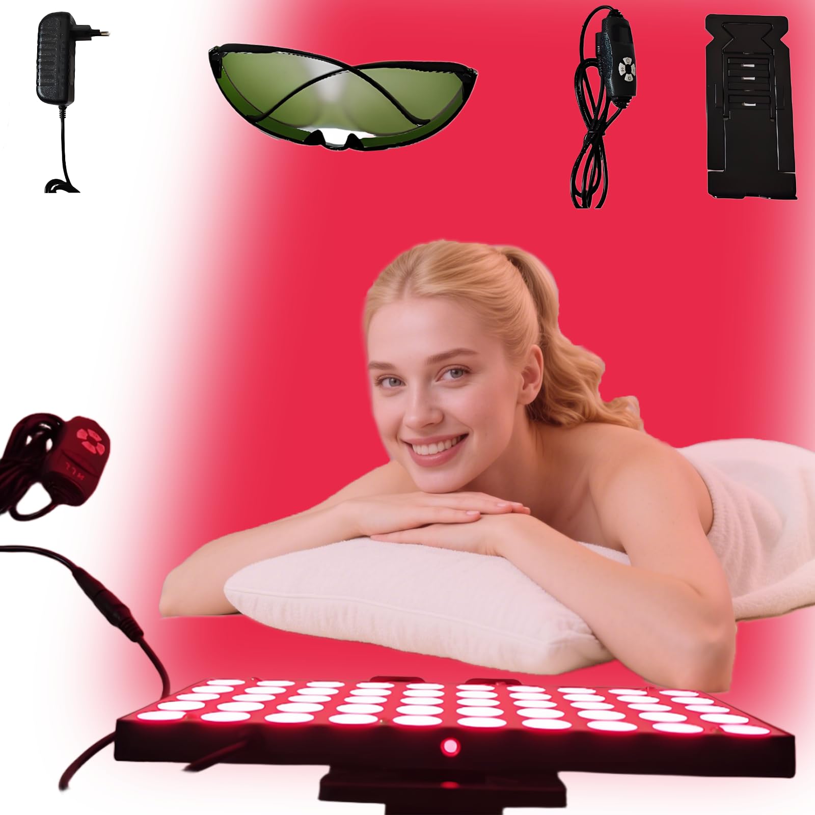 Lampa terapeutyczna światłem czerwonym 30 W, 100 diod LED, panel bliskiej podczerwieni o podwójnej długości fali 660 nm i 850 nm, z regulowanym stojakiem, 5-poziomową jasnością i timerem, goglami