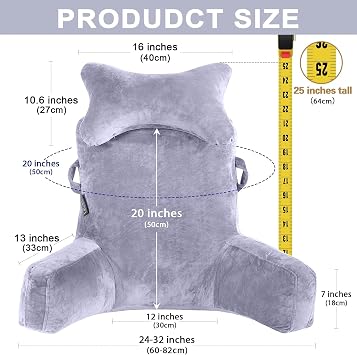 SLIGUY Reading Pillow-Bed Rest Pillow with Detachable Neck Roll & Higher Support Arm for Sitting in Bed Couch or Floor-Backrest Reading Pillow Adult Back Pillow for Watching TV/Gaming,Light Grey
