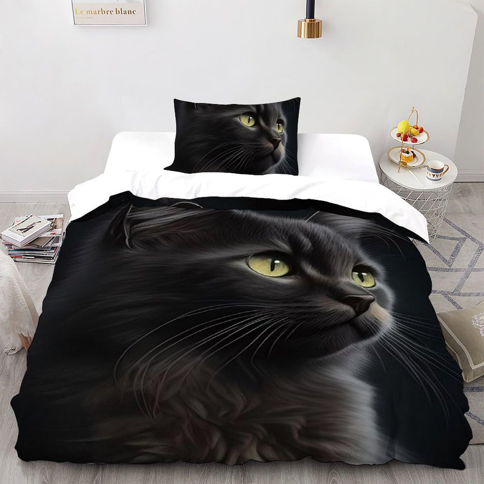 Housse de couette chat noir 135x200 microfibre avec taie d'oreiller pour lit simple