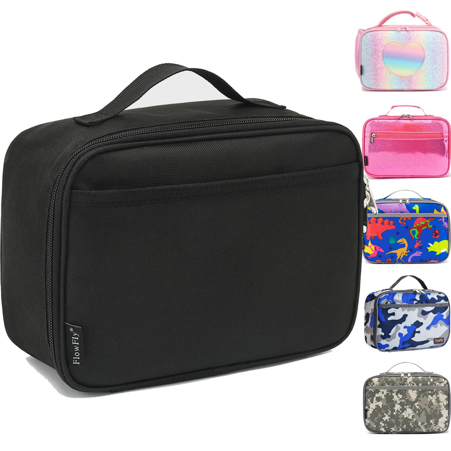 FlowFly Kids Lunch box Insulated Soft Bag Mini Cooler Back to School Thermal Meal Tote Kit for Girls, Boys, Black
