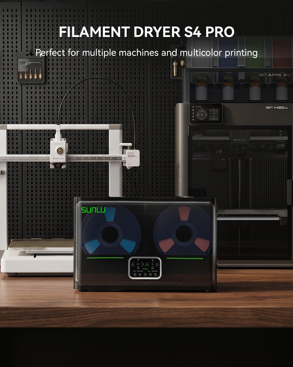 SUNLU Secador de filamento para impresora 3D S4 Pro, control de temperatura de doble zona, color negro | hasta 85 °C, calentador PTC de 380 W, recocido, control automático de humedad, para ABS/PLA/PETG/nailon