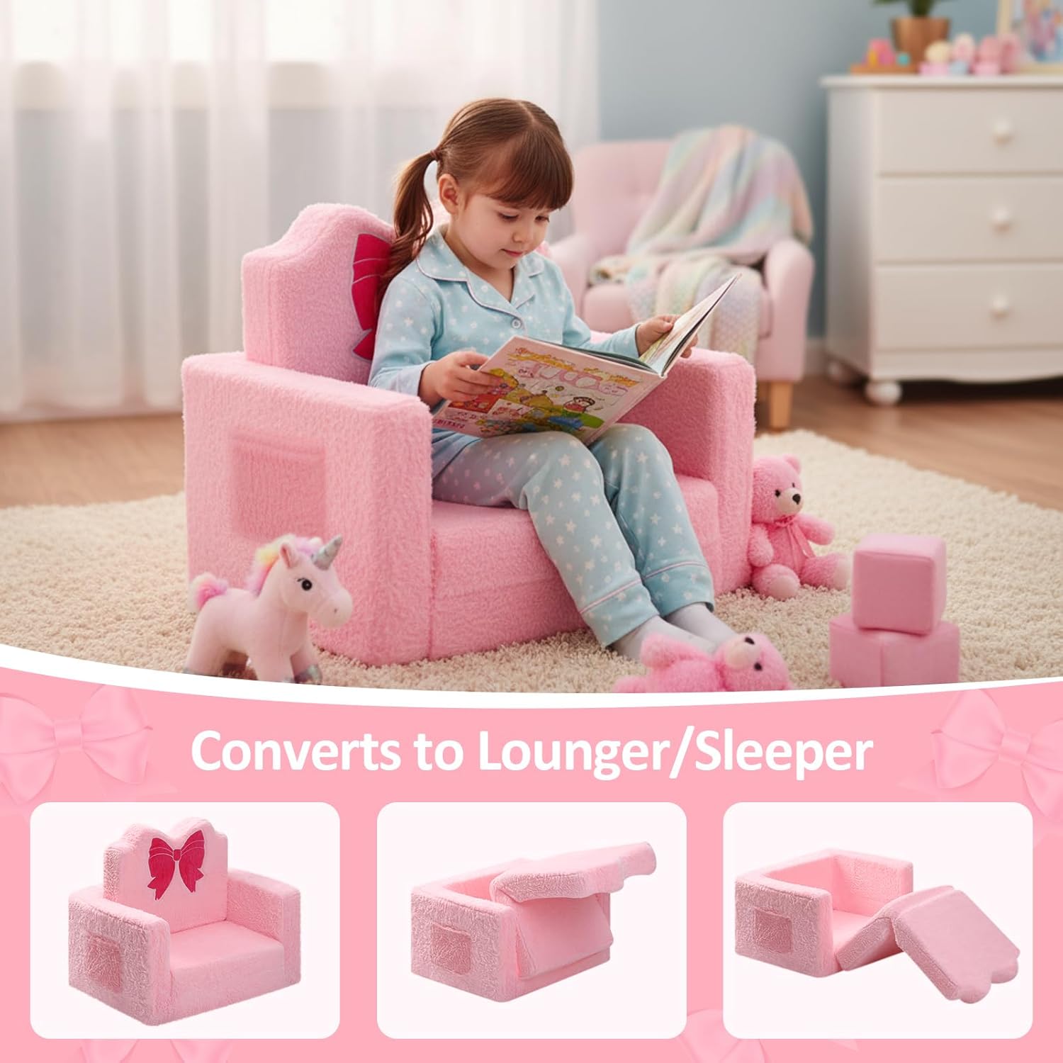 Novabright Kids Chair or Couch for Toddler, 2-in-1 Soft Foldable Couch, Comfy Toddler Chair, Convertible Sofa to Lounger, Gifts for Kids Girl Boys for Easter Birthday Children's Day (Bow)