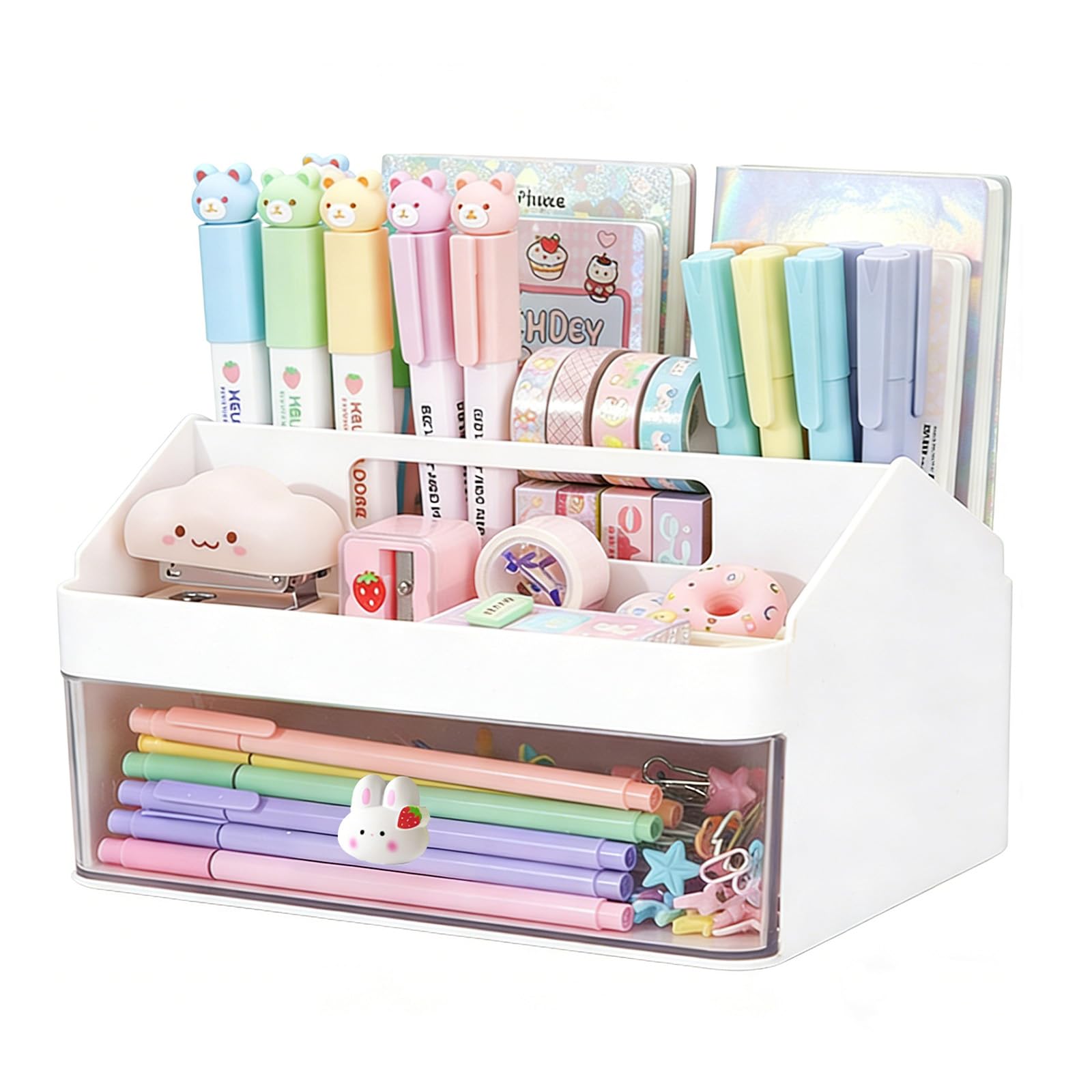 Elezeal Desk Organiser with Handle, Small Cute and practical Desktop Storage Box with Compartments, Pen Holder, Plastic Desk Tidy and Makeup Brushes Holder for Home, Office and School-White