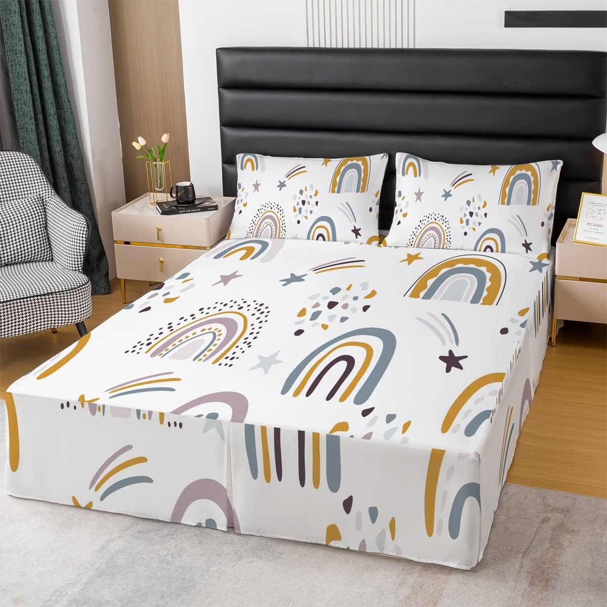 Rainbow Bed Skirt Kawaii Decor, Rainbow Stripes Bedskirt for Kids Girls Children Bedroom, Colourful Cute Cartoon Bed Skirts Girly Iridescent Confetti Bedding Set 3Pcs with 2 Pillow Cases, Queen Size