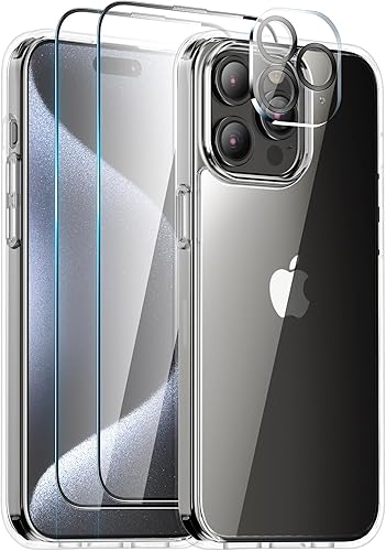 Eastcoo Funda transparente de ajuste delgado para iPhone 15 Pro de 6.1 pulgadas con 2 protectores de pantalla de vidrio templado + 1 protector de