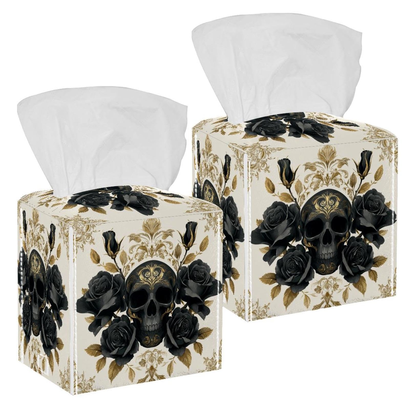 Black Skull Tissue Box Cover, 2 Pack PU Leather Square Facial Tissue Dispenser Box holder for Home Office Car