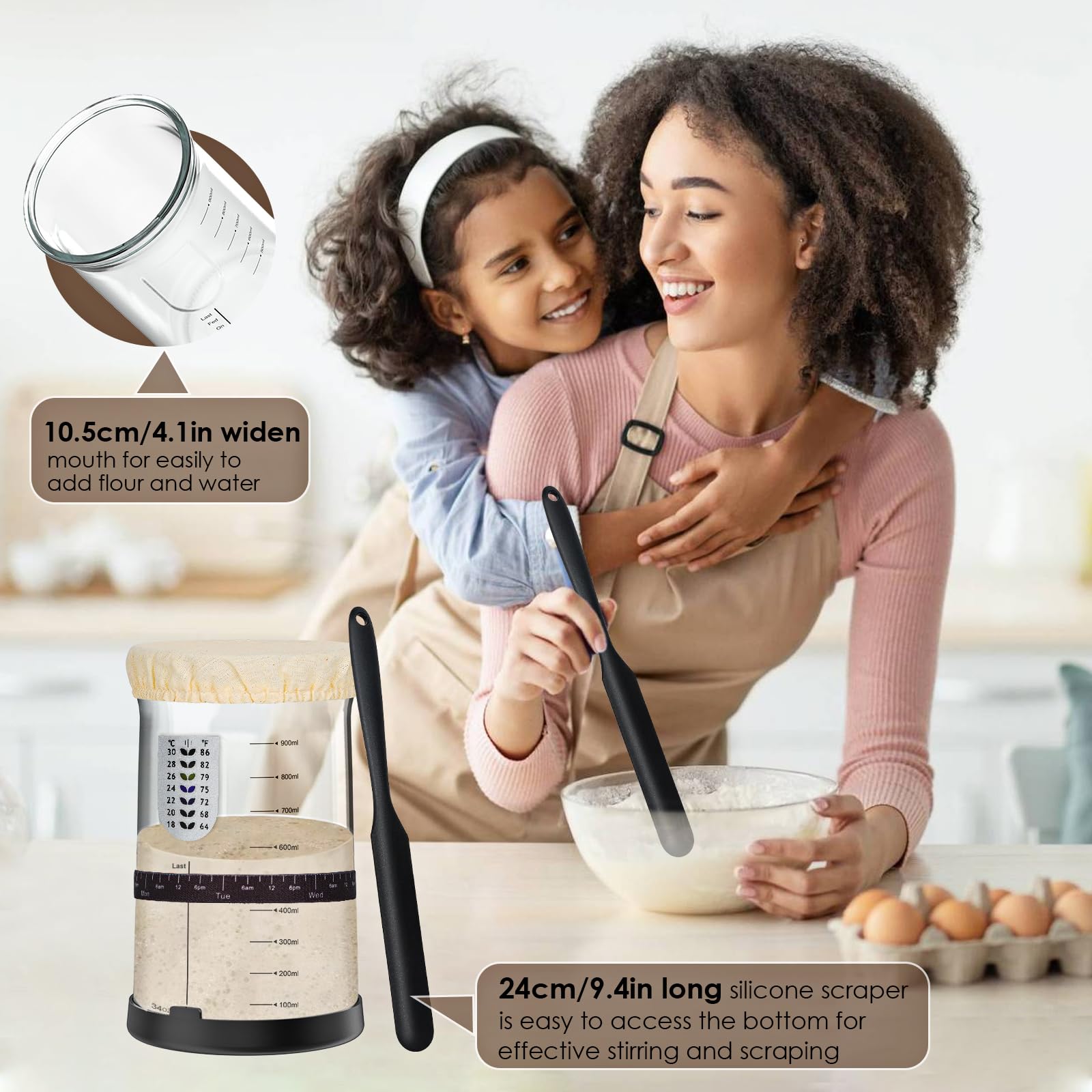 Barattolo per Lievito Madre, 1000ml Starter kit di lievito naturale Riutilizzabili, Contenitore per lievito madre, Kit Completo con Contenitore e Termometro per Panificazione Casa
